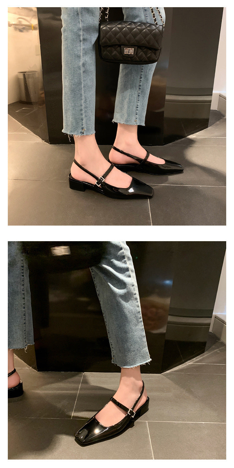 Chaussures Mary Jane françaises à bout carré et strass, boucle carrée, talon épais
