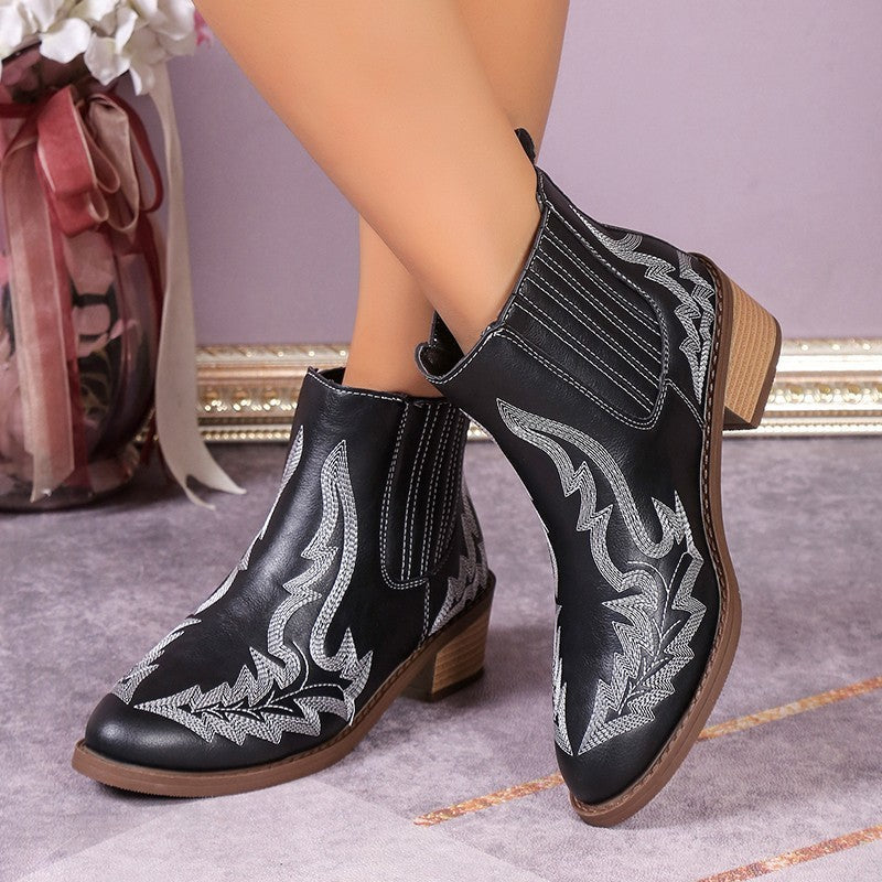 Bottines brodées Martin Vintage à bout pointu et talon épais pour femmes