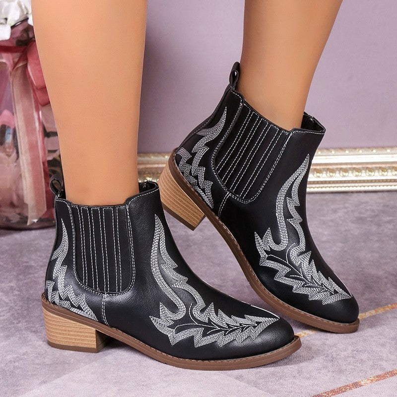Bottines brodées Martin Vintage à bout pointu et talon épais pour femmes