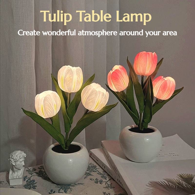 Lámpara LED de noche de tulipán, lámpara de mesa de flores de simulación, decoración de la habitación del hogar, lámpara de ambiente, regalo romántico en maceta para luces LED de oficina