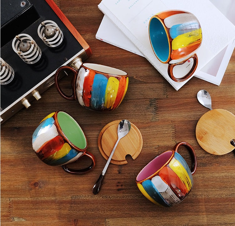 Tasse en céramique créative, tasse à lait, tasse à eau, tasse à café, tasse de petit déjeuner, tasse à couple, tasse avec couvercle, cuillère