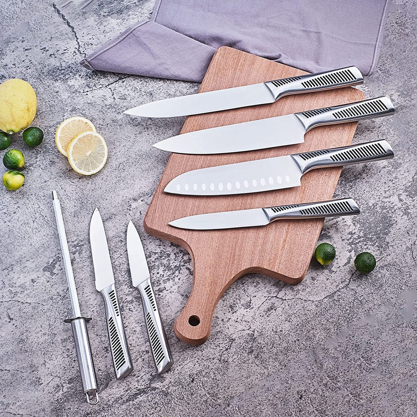 Juego de cuchillos de cocina. LapEasy-juegos de cuchillos de 15 piezas con bloque, cuchillo de Chef, cubiertos con mango hueco de acero inoxidable y afilador Manual 