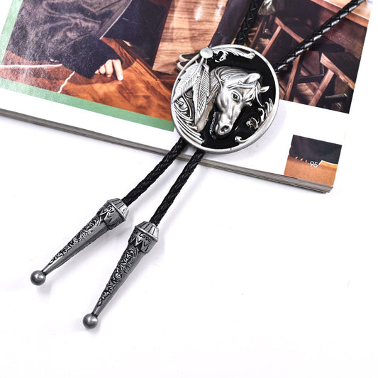 Punk en cuir véritable Polo noeud papillon rétro cheval en alliage de Zinc collier en cuir
