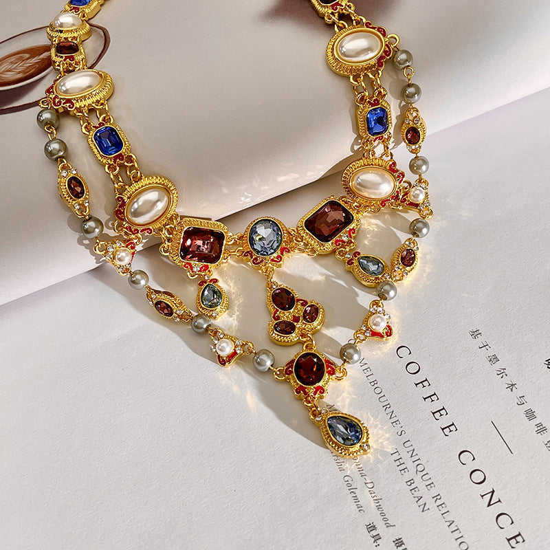 Mid-ancient Temperament Pearl Crystal Shining Diamond Tassel Clavicle Chain Color Gem Neckband Necklace