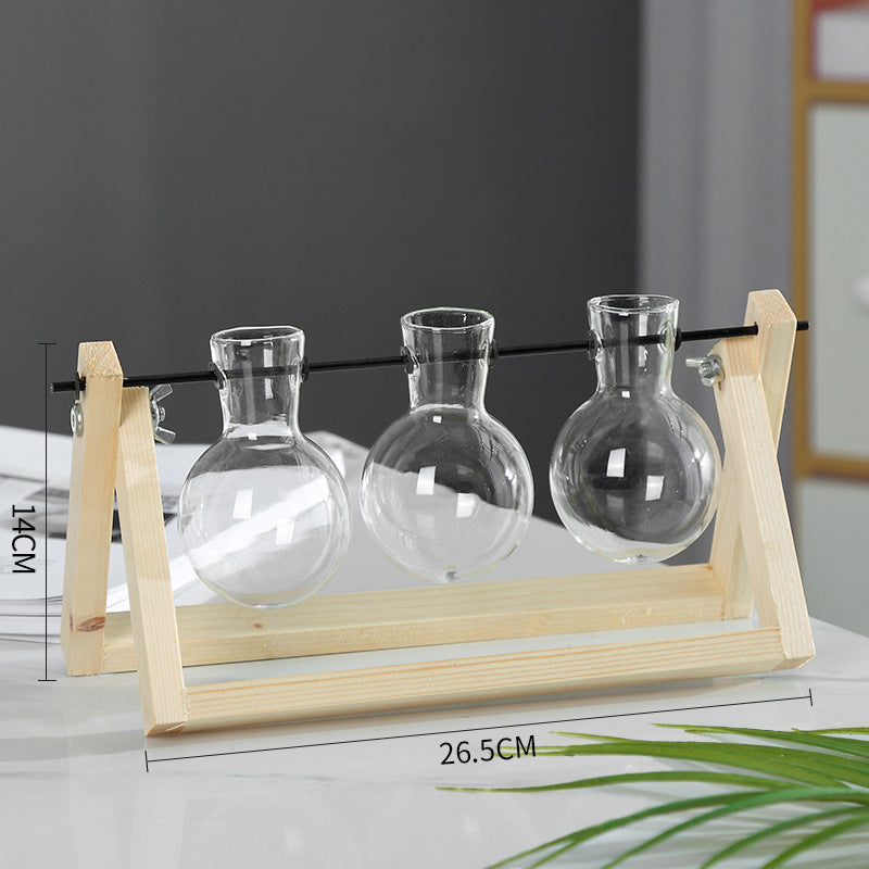 Vase en verre de récipient de plante hydroponique de support en bois d'oscillation