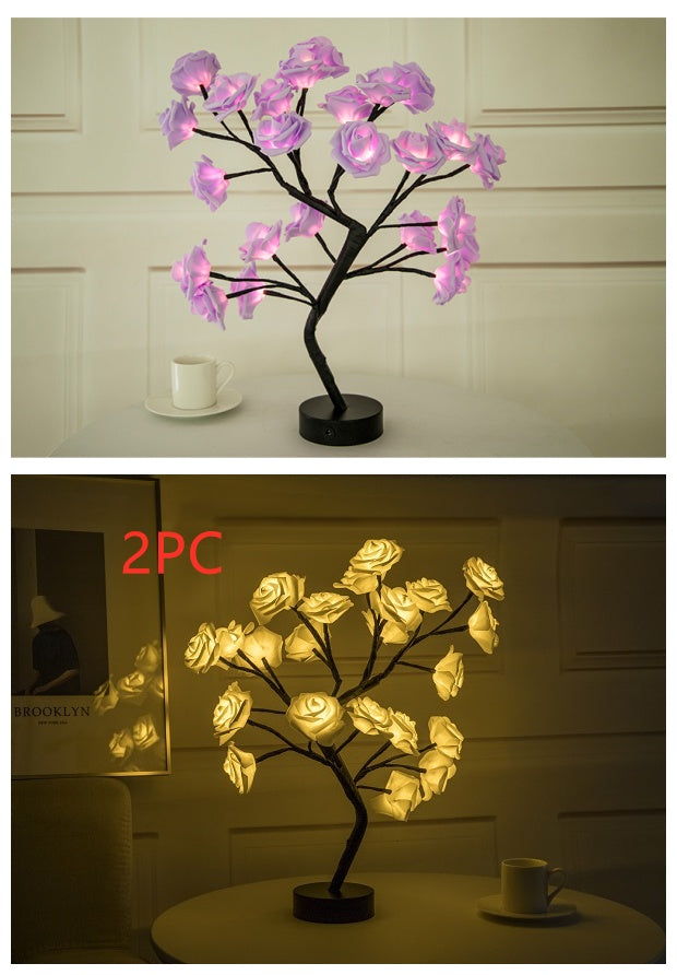 Lámpara de flores rosas, lámpara de mesa LED con batería USB, luces nocturnas de árbol bonsái, guirnalda de luces decorativas para dormitorio, decoración del hogar