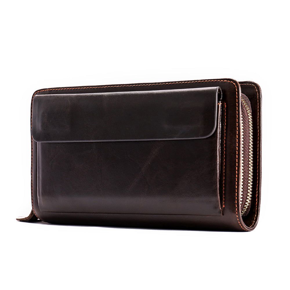 Portefeuille à fermeture éclair double couche avec pochette en cuir de vache première couche