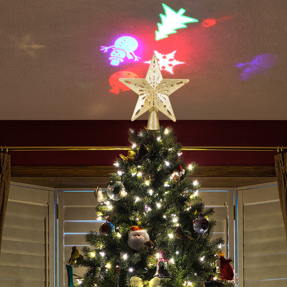 Lumière supérieure d'arbre de noël en forme d'étoile et de flocon de neige, projecteur Laser LED, lumières d'ornement d'arbre de noël