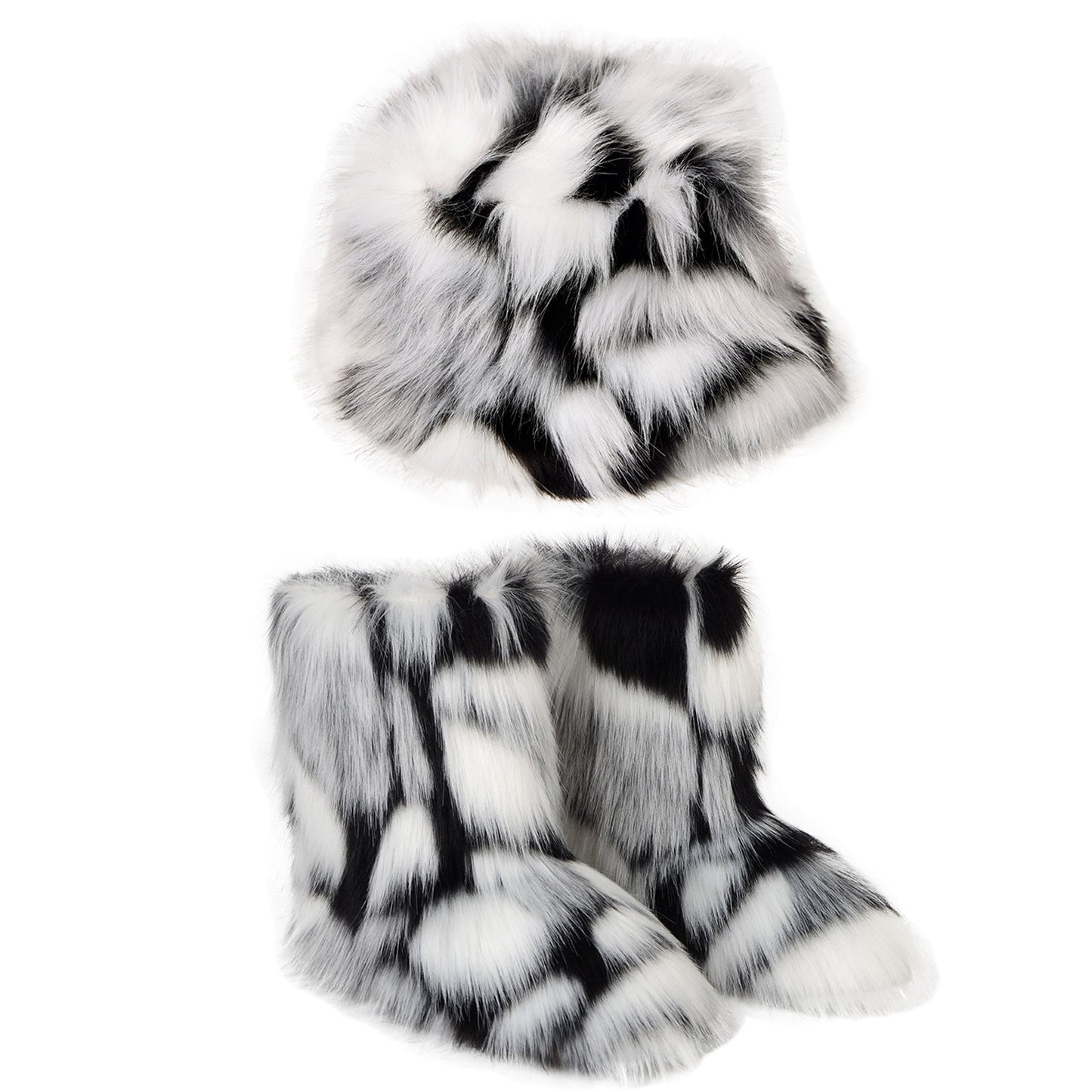 Bottes chaudes en peluche, chapeau seau en fourrure colorée