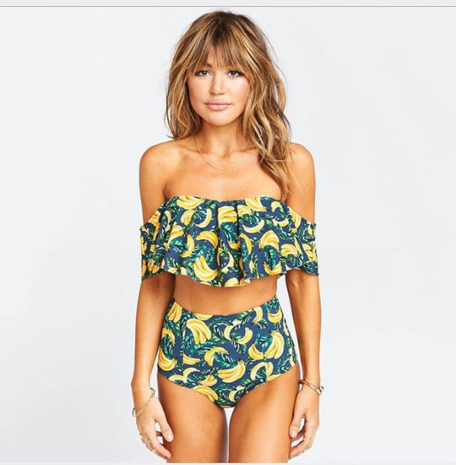 Sexy blanc noir rayé taille haute Biquini à volants maillot de bain maillot de bain maillots de bain femmes hors épaule Bikini