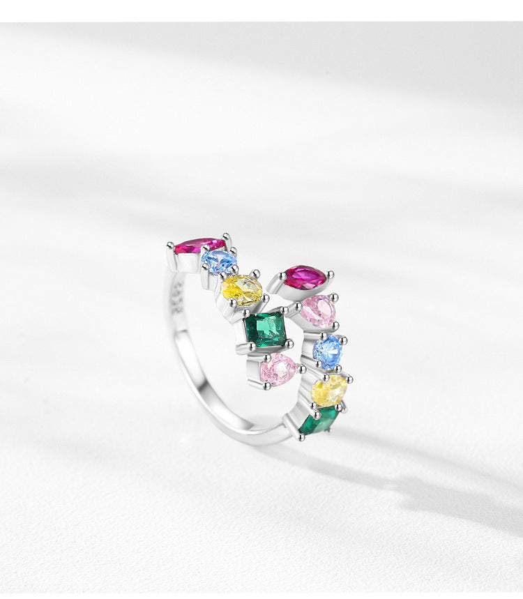 Women's S925 Sterling Silver Rainbow Zircon Opening Geometric Design Ring