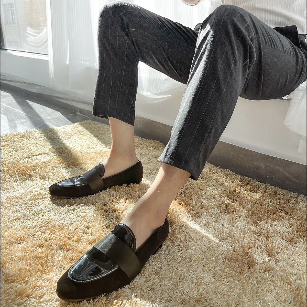 Mocassins coréens en cuir verni velours, chaussures rondes décontractées en cuir