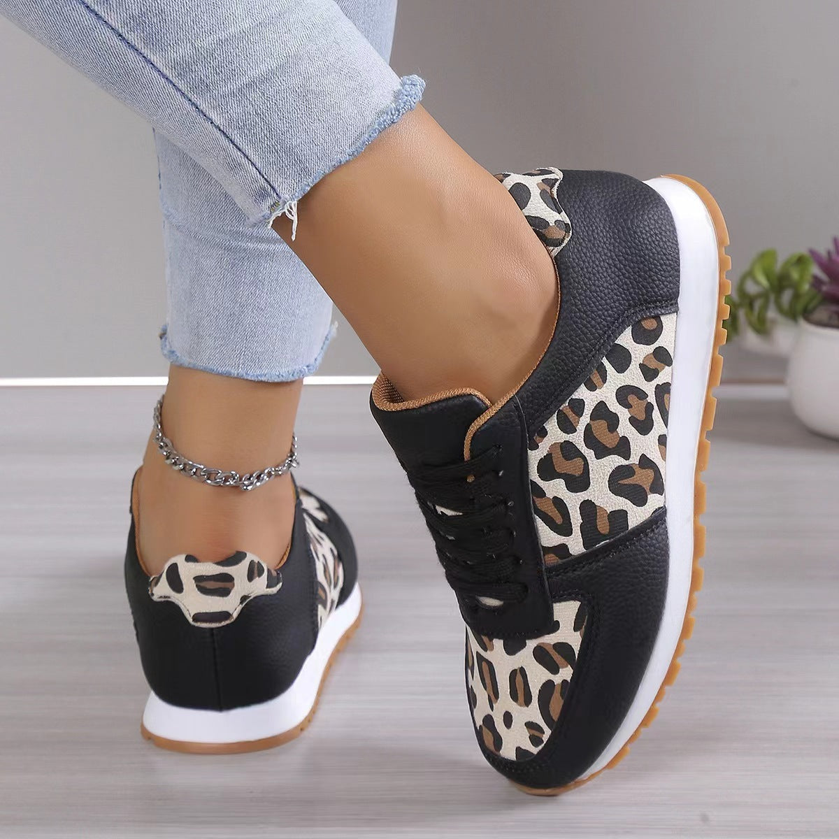 Fashoin imprimé léopard chaussures de sport à lacets pour femmes baskets décontracté course marche chaussures plates