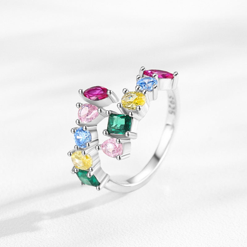 Women's S925 Sterling Silver Rainbow Zircon Opening Geometric Design Ring