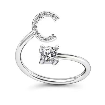 Female Stylish Adjustable Zircon 26 Letters Ring
