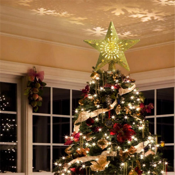 Lumière supérieure d'arbre de noël en forme d'étoile et de flocon de neige, projecteur Laser LED, lumières d'ornement d'arbre de noël