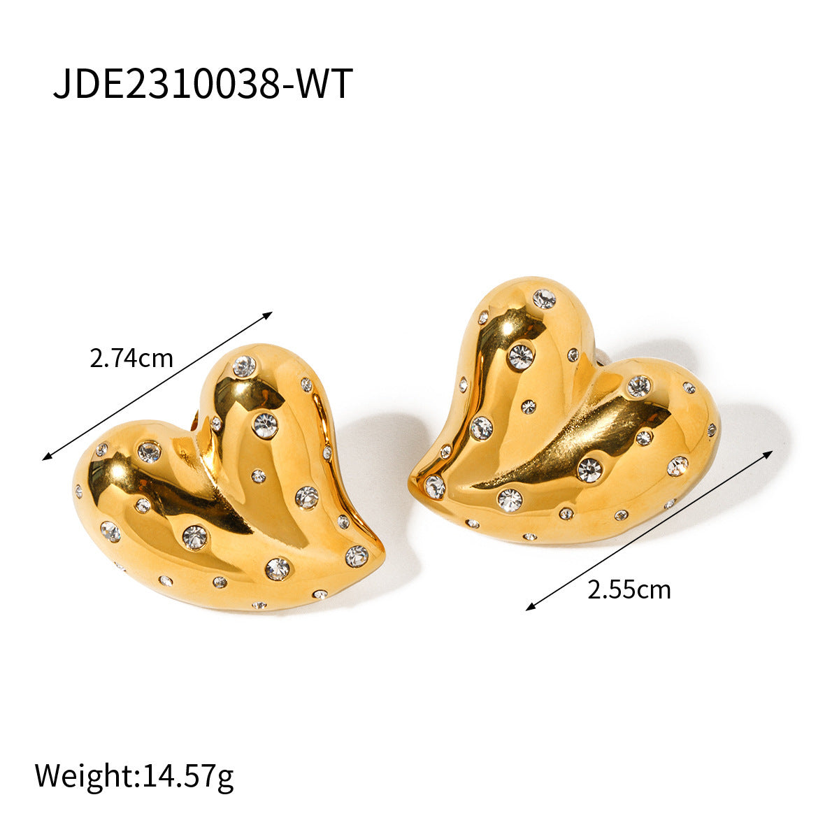 Boucles d'oreilles mode en or 18 carats et acier inoxydable incrusté de diamants blancs, cœur d'amour