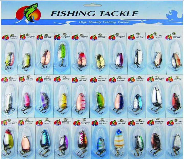 Juego de señuelos de chapa metálica 30x Spinnerbait, señuelo duro para pesca, Lucio, salmón, lubina, tarjeta, 2 peces, anzuelo, aparejos de pesca, spinners