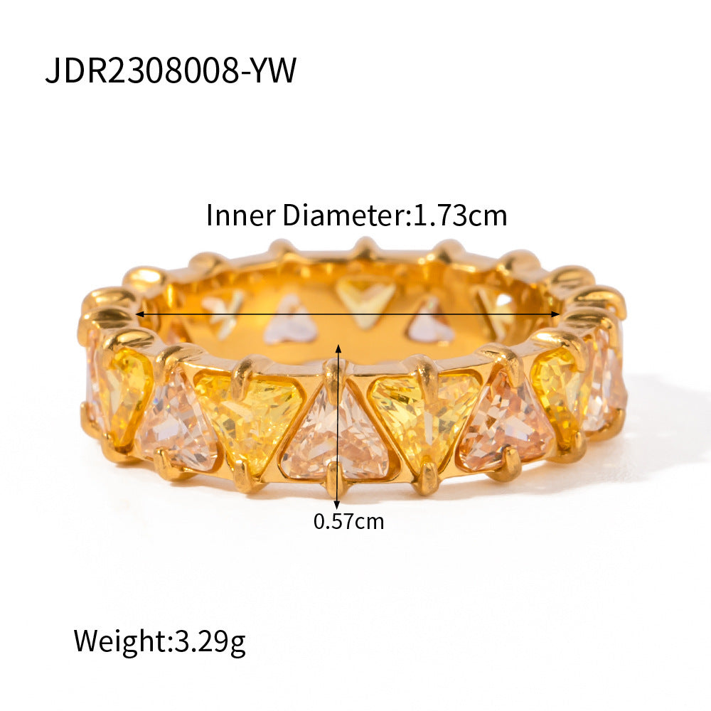 Anillo de circón triangular con incrustaciones de acero inoxidable de oro de 18 quilates estilo Ins europeo y americano