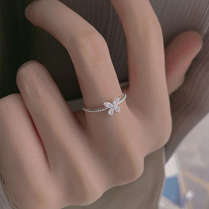 S925 Sterling Silver With Shiny Diamond Butterfly Ring Female Cold Style Light Luxury Minority High-grade All-match Diamond Ring