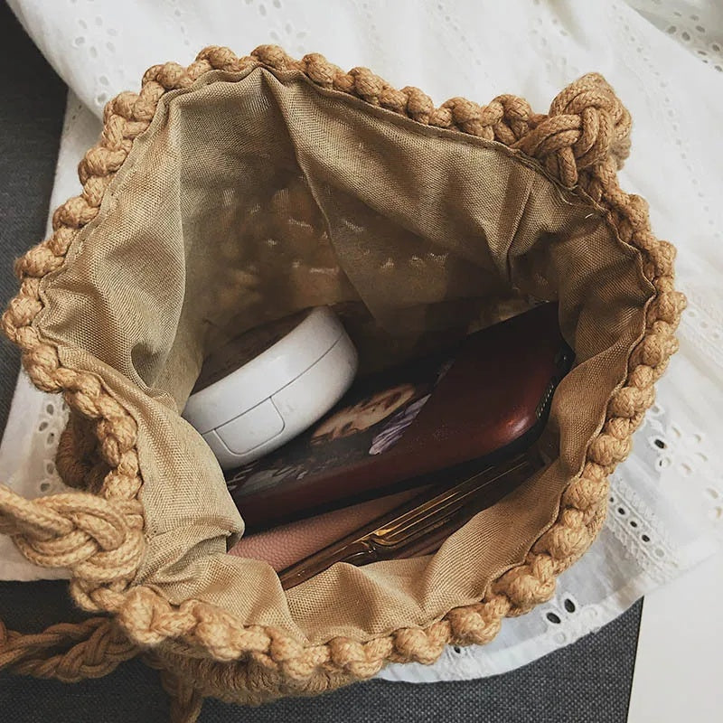 Women's Round Diagonal Cotton Crochet Tassel Small Bag