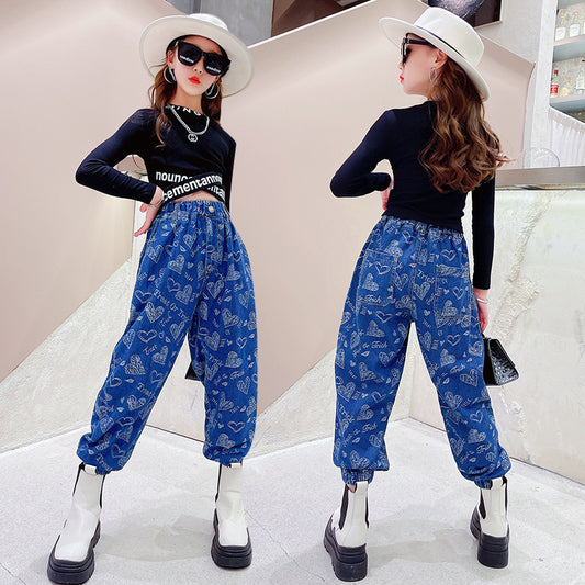 Traje para niñas Estilo occidental Niños grandes Otoño Jeans sueltos Camisa de manga larga para niños grandes