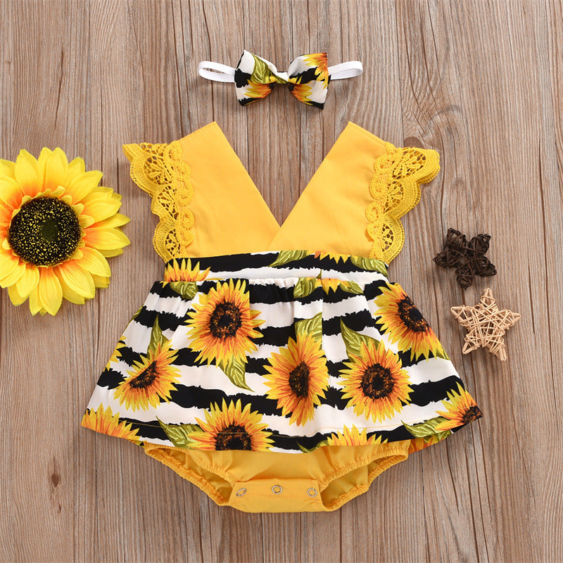 Barboteuse Triangle d'été pour bébé fille, emballage en dentelle pour nouveau-né, barboteuse une pièce tournesol pour bébé