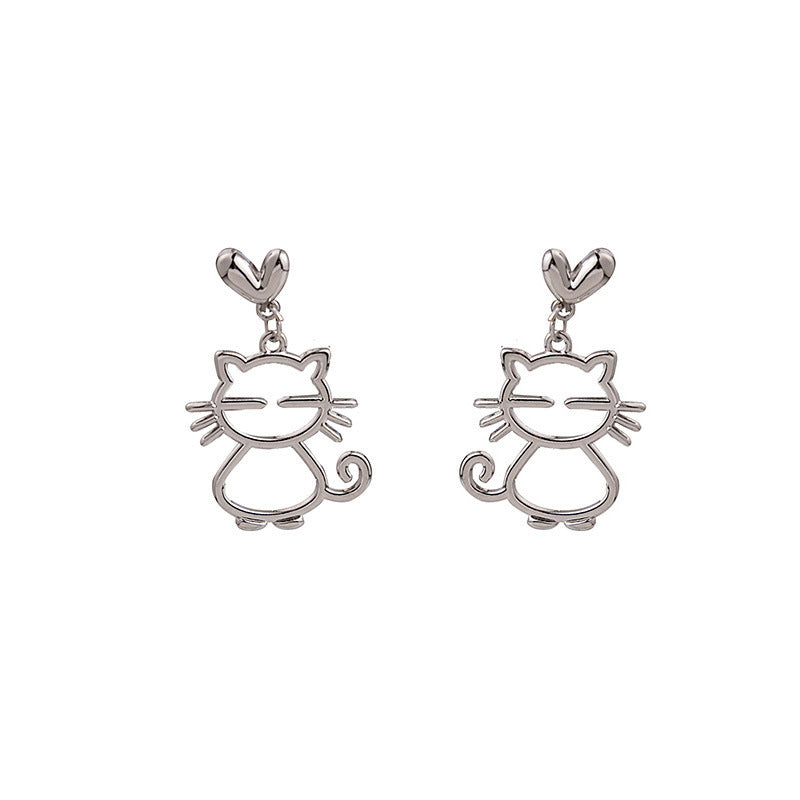 Boucles d'oreilles en métal à aiguille argentée, tempérament de chat mélancolique, asymétriques simples
