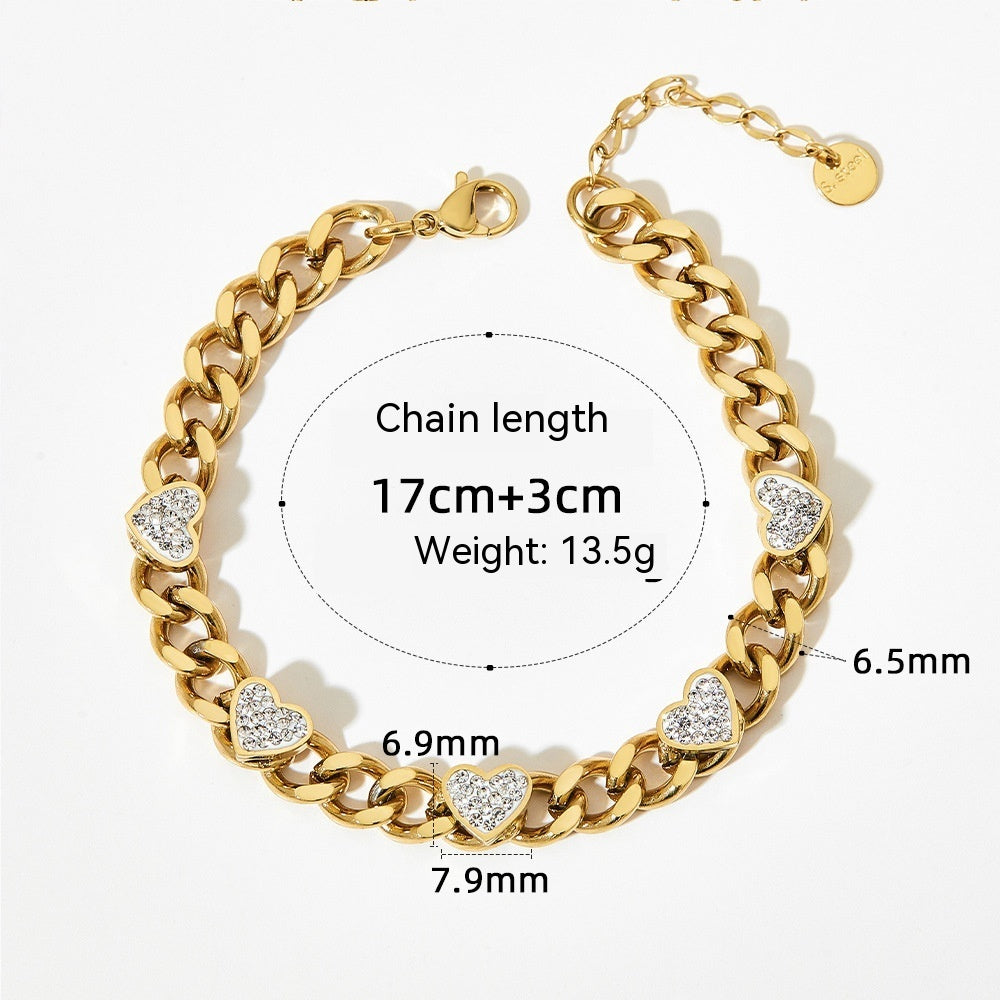 Bracelet rétro français en acier inoxydable et Zircon en forme de cœur