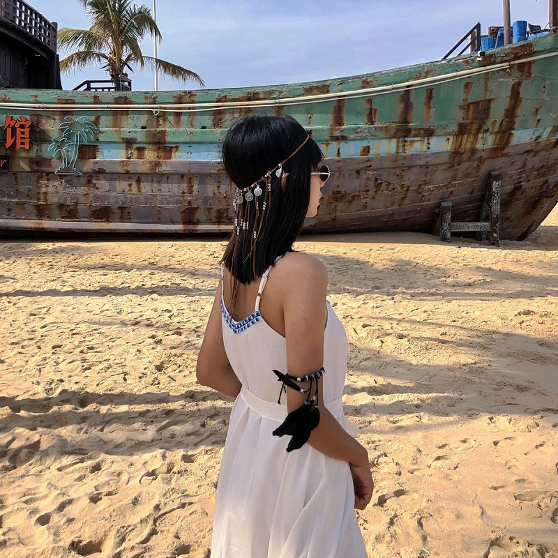 Hippie Daim Coin Bohème Perlé Gland Collier Bande De Cheveux À Double Usage