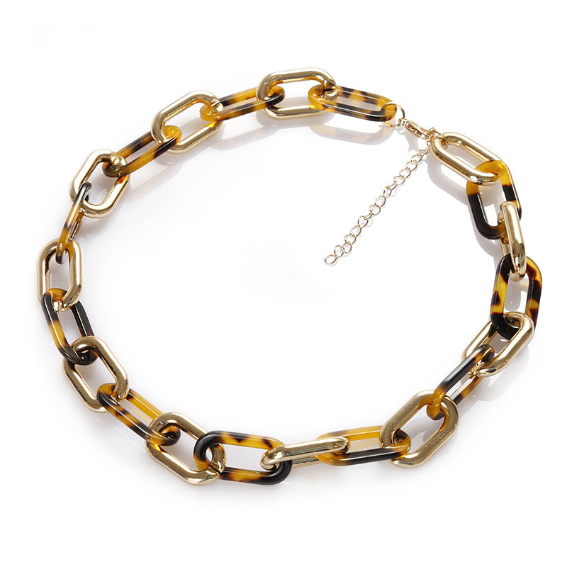 Acetate Acrylic Metal Buckle Stitching Leopard Print Plate Short Necklace