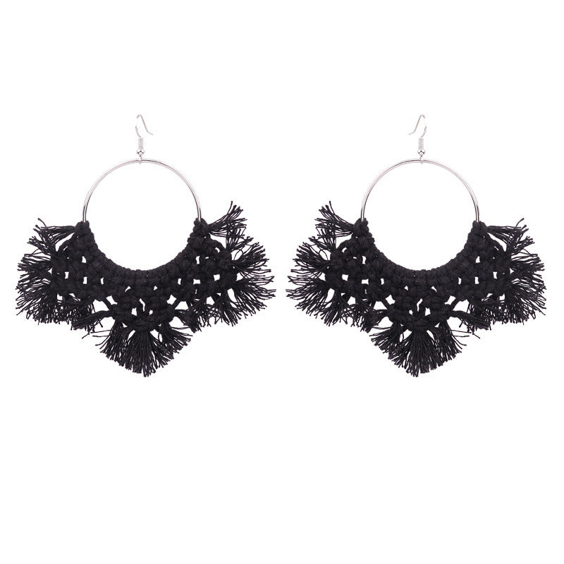 Boucles D'oreilles Pompon Bohème Tissage Fait Main Style Ethnique Bois