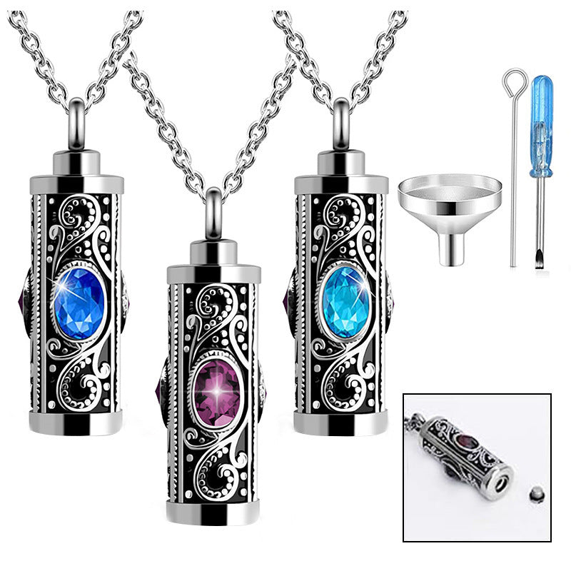 Stainless Steel Birthstone Cinerary Casket Openable Pendant Necklace