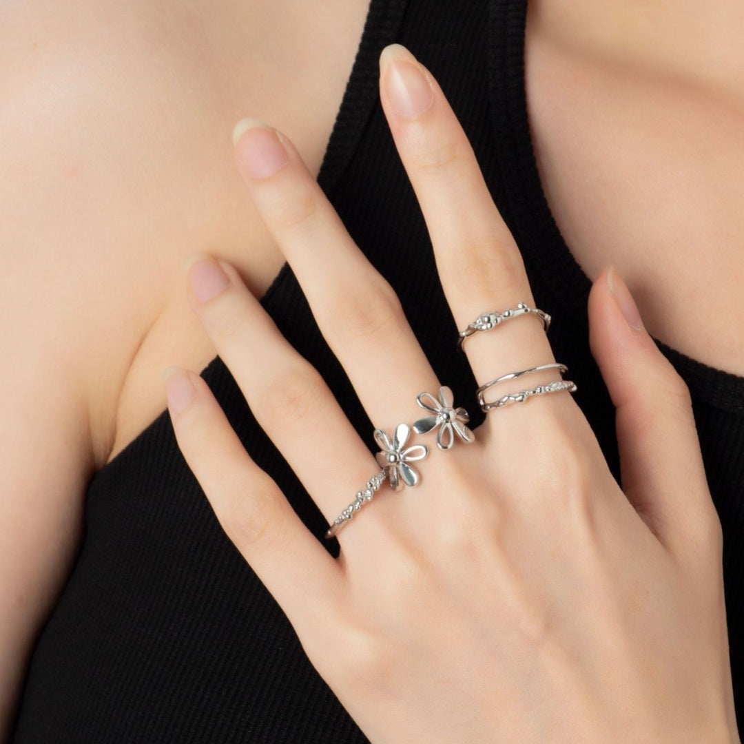 Anillo de plata de viento frío con flor linda de estilo coreano con abertura