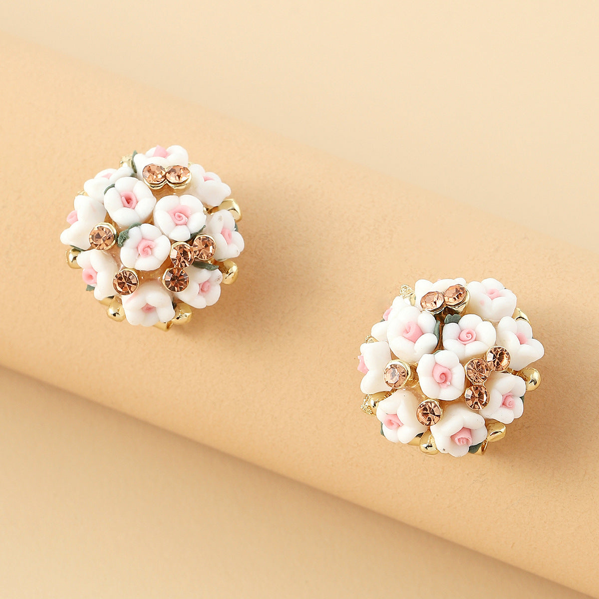 Romantic Ceramic Flower Rose Diamond Metal Alloy Earrings