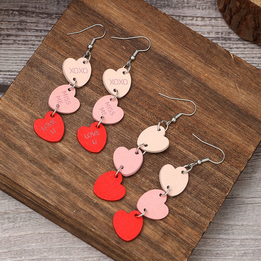 Boucles d'oreilles multicouches en forme de cœur d'amour pour la Saint-Valentin, lettres anglaises