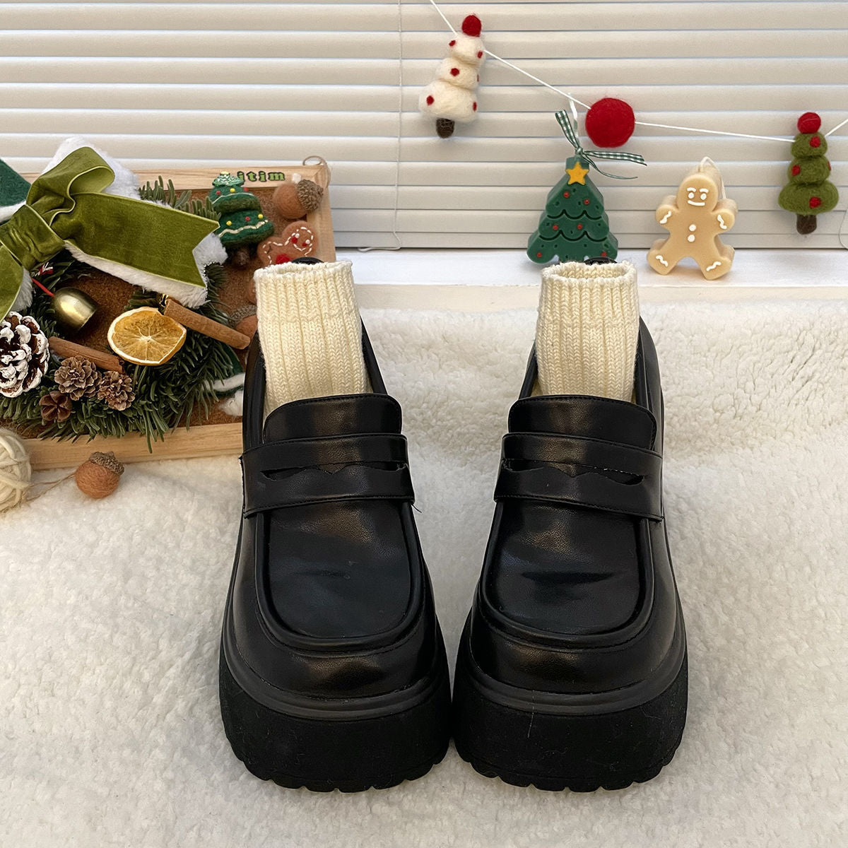 Mary Jane Tacón corto Tacones altos Mocasines de plataforma británica con aumento de altura pequeños Zapatos de cuero para mujer