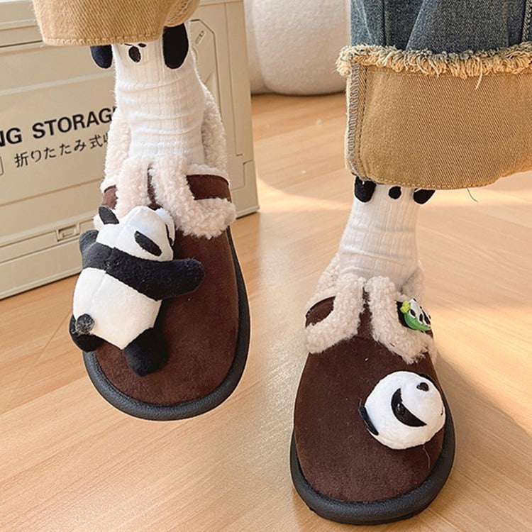 Chaussures en coton Panda de dessin animé épais doublées de polaire d'agneau mignonnes
