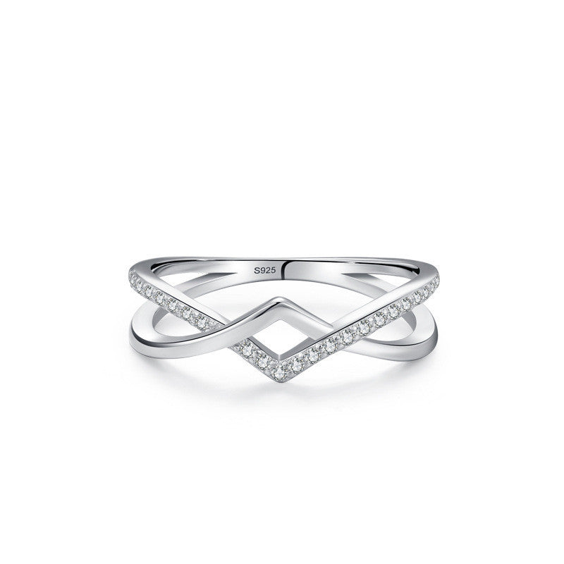 Bague en argent sterling double couche géométrique en forme de V sertie de diamants
