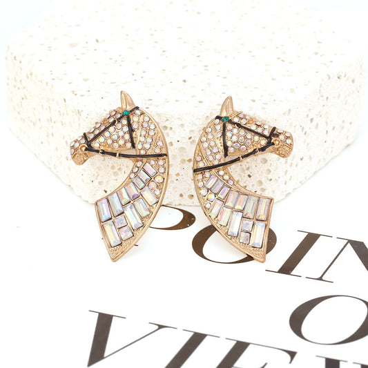 Boucles d'oreilles minimalistes créatives en alliage strass, mode rétro tête de cheval couleur AB diamant