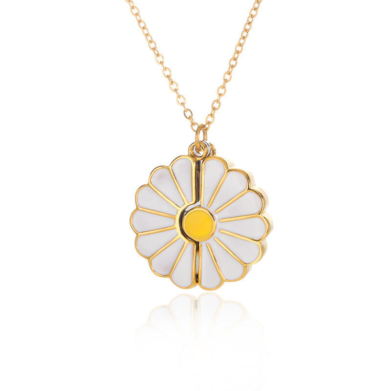 Daisy Stainless Steel Blank Inscription Necklace SUNFLOWER Gold Pendant Drop Oil Chrysanthemum Necklace