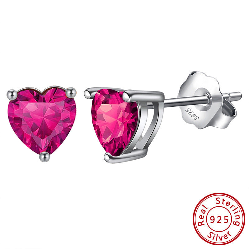 S925 Loving Heart In Sterling Silver Zircon Birthstone Stud Earrings
