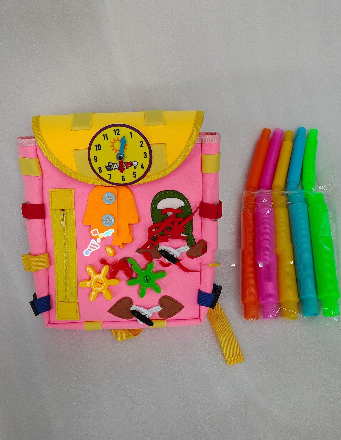 Sac à dos pour tout-petits, avec boucles et jouets d'activités d'apprentissage, développe les compétences de base