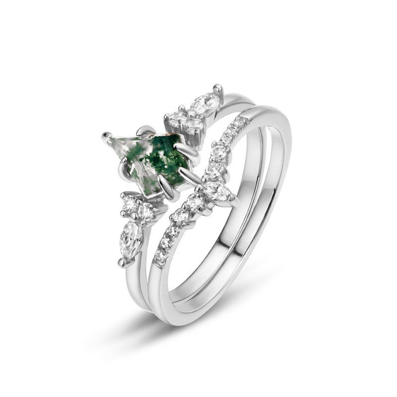 Bague femme en argent S925 incrustée de pierre de mousse verte