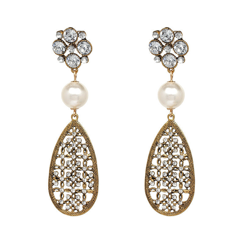 Retro Ethnic Style Earrings Color Rhinestone Simple Geometric Hollow Carved