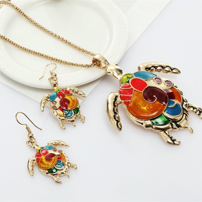 Collier et boucles d'oreilles en forme de tortue arc-en-ciel, style Punk, à la mode, haut profil, goutte d'huile, suite