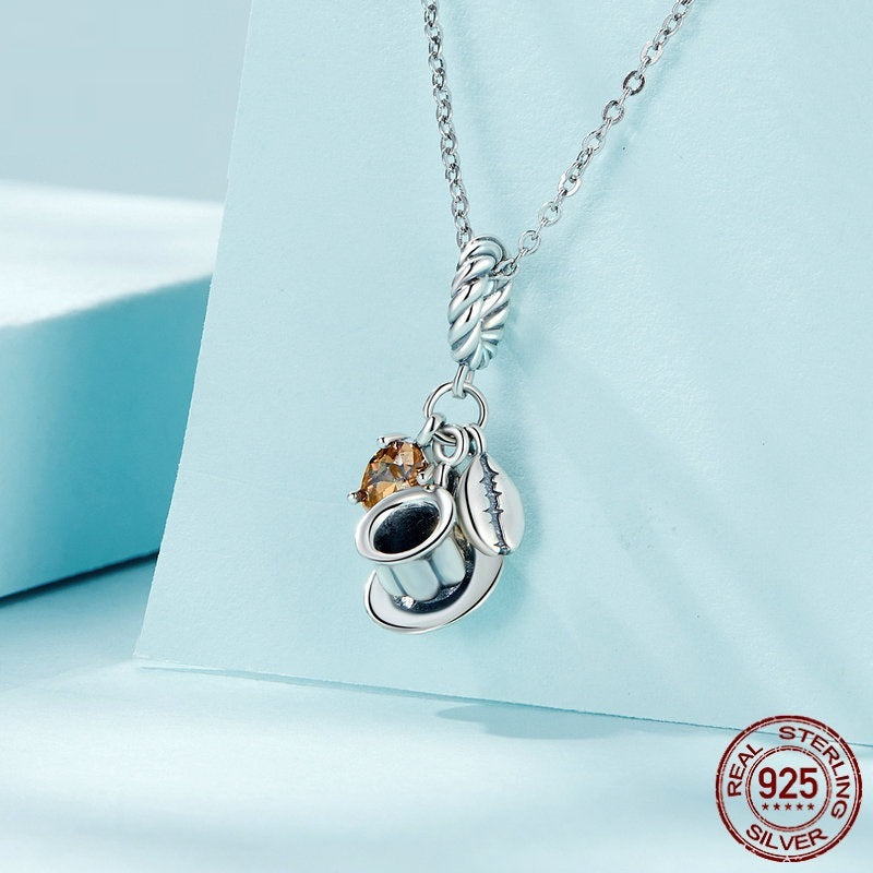 Pendentif tasse à café moka en argent sterling S925, perles pendantes, ornement