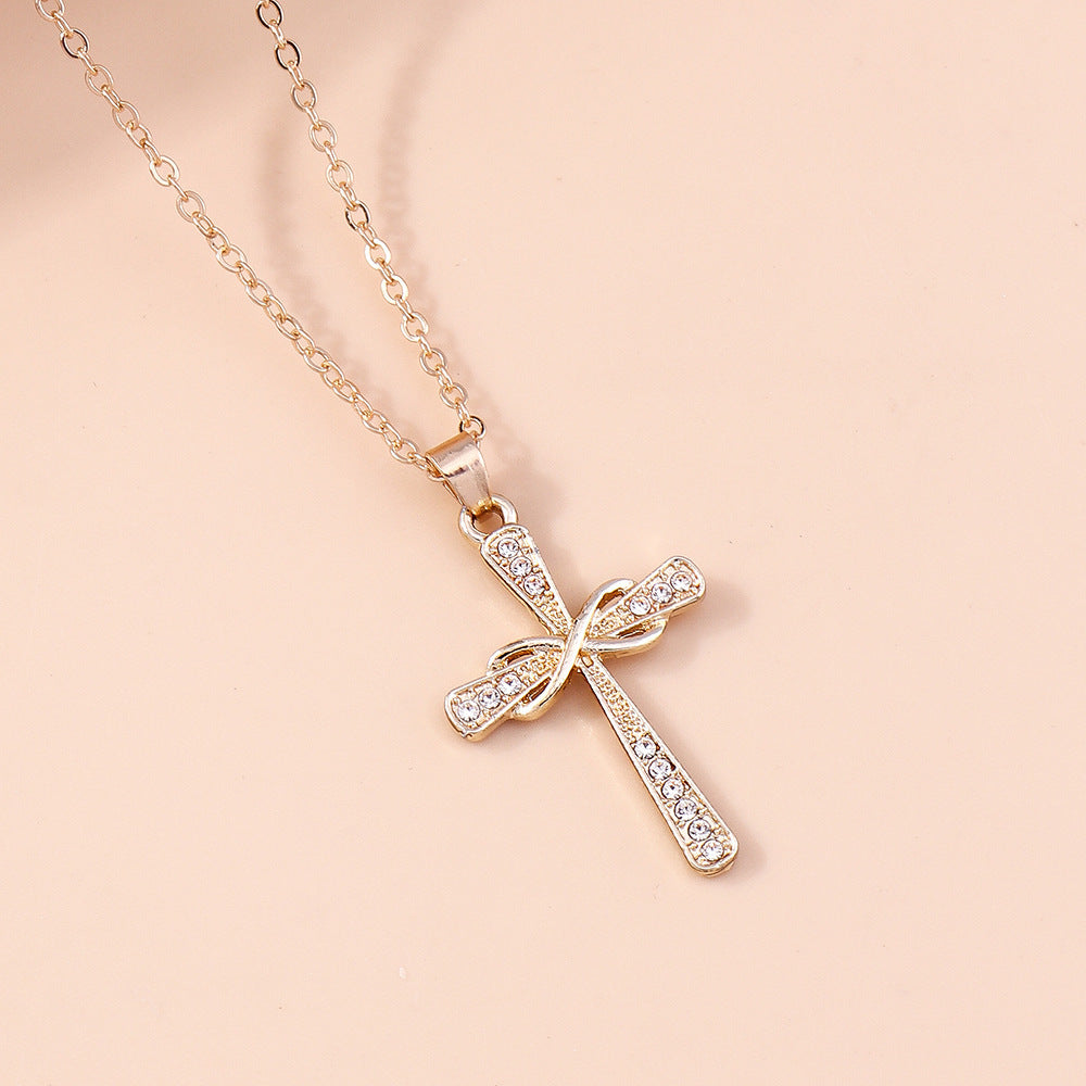 Fashion Simple Women's Diamond Spot Drill Hollow Cross Sweater Chain Necklace