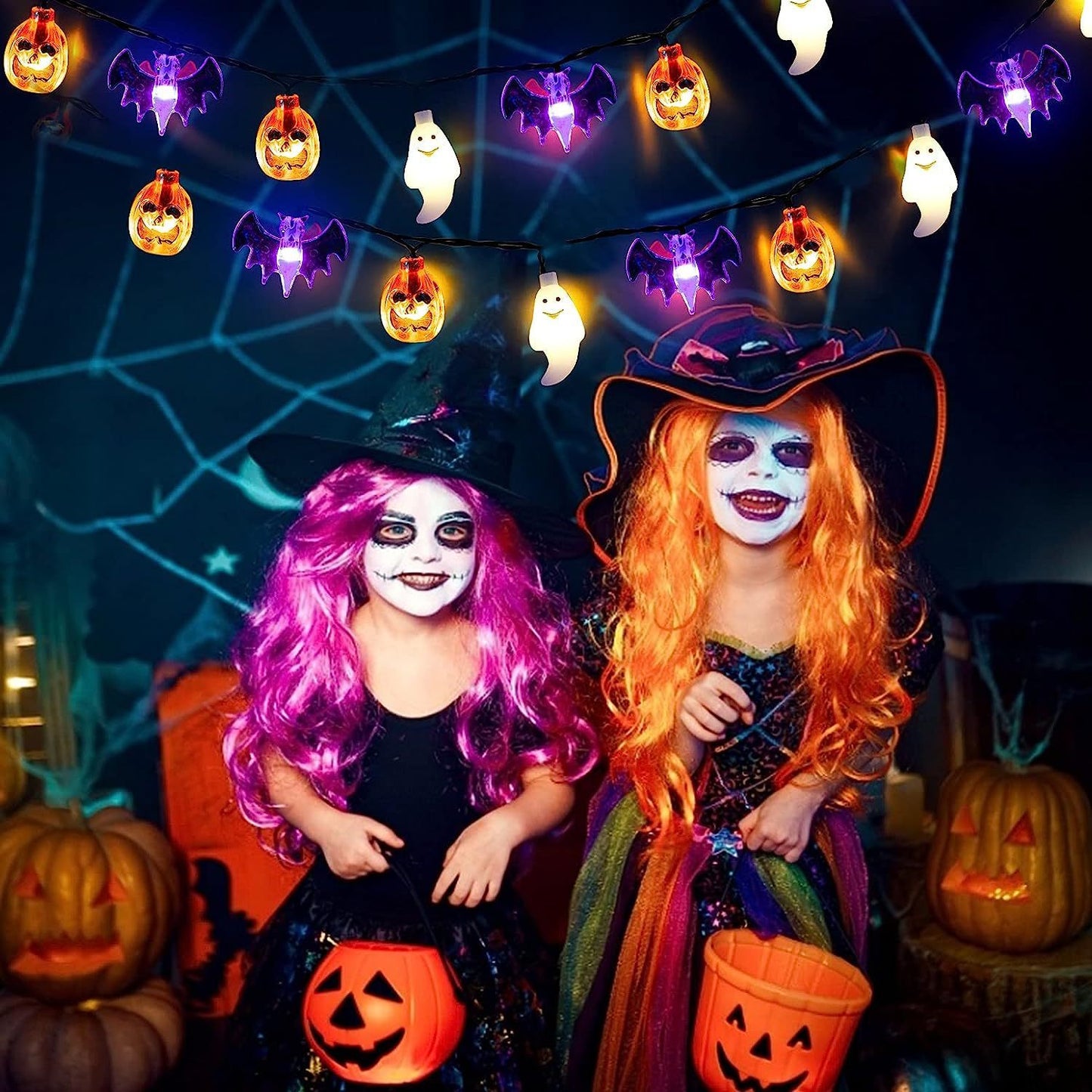 Guirnalda de luces LED para Halloween, calabaza, araña, murciélago, calavera, decoración para el hogar, jardín, fiesta, exterior, Halloween