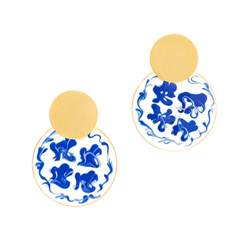 European And American Chinese Style Elements Large Blue And White Porcelain Enamel Enamel Earrings